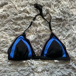 Womens Large L Bralette Bikini Top Swimsuit Black Blue Summer Pool Triangle